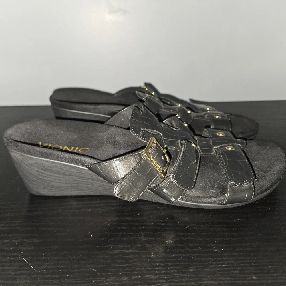 Vionic Radia Wedge Sandals Women Sz 9 Black Patent Croco Triple Strap Slide NWOB